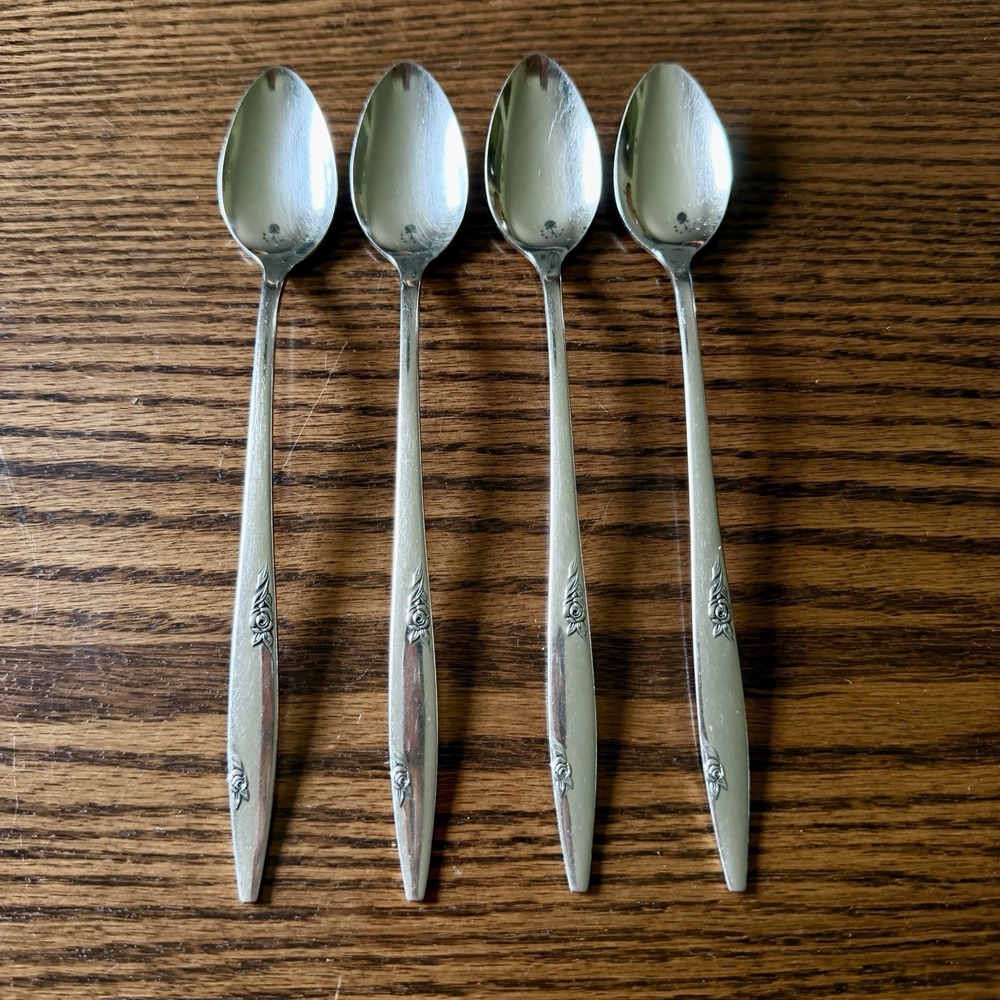 Vintage ONEIDA ROSE DUET Ice Tea Spoons USA Stainless Flatware Set of 4